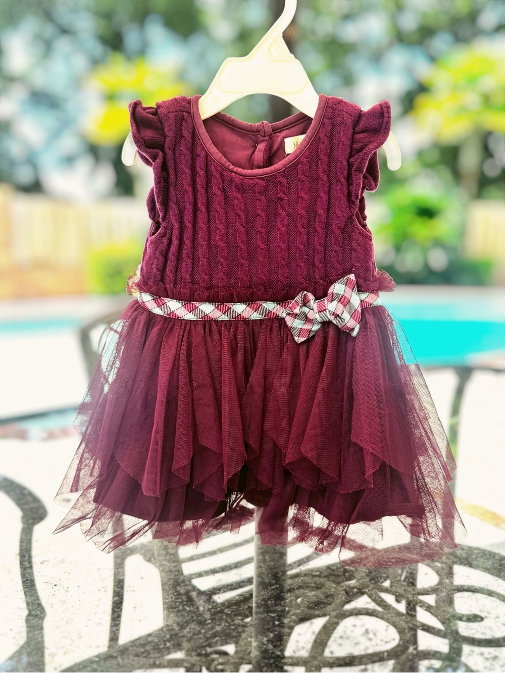 Matilda Jane Plum Knit Tulle Dress with Plaid Bow, 6-12M